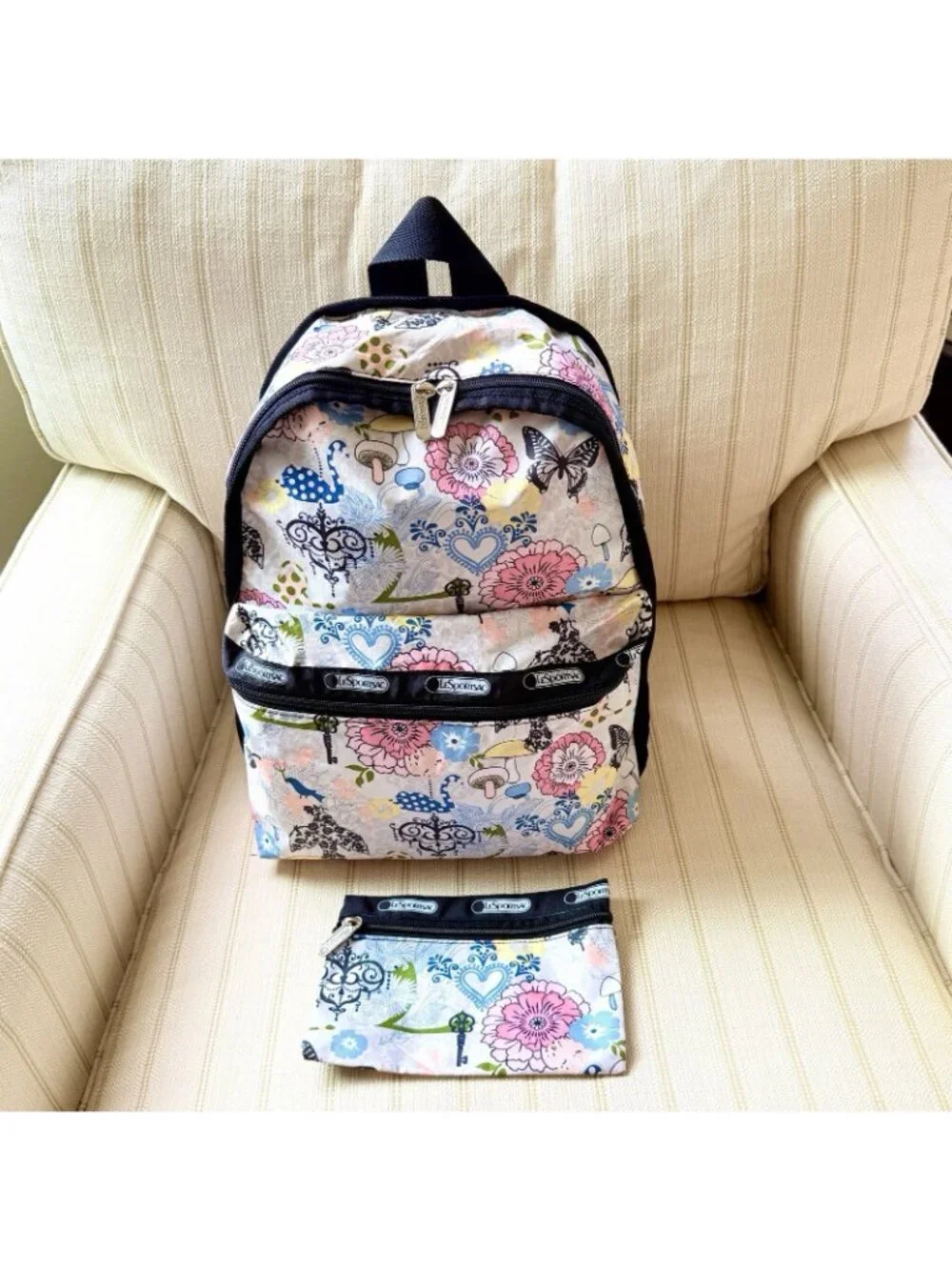LeSportsac Backpack w/ Zip Pouch Floral Butterfly Heart Bird Design